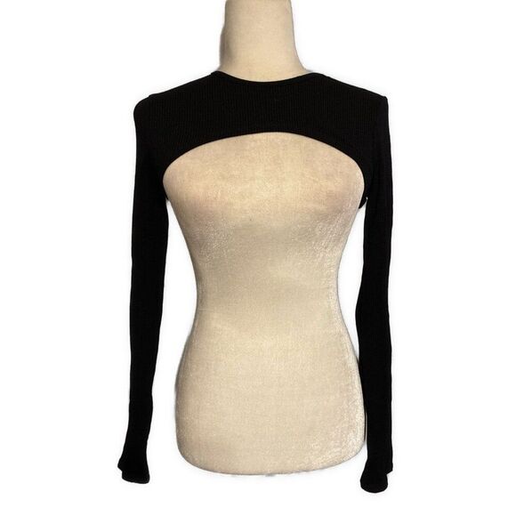 Windsor Solid Black Ribbed Knit Long Sleeve High Crop Top Medium - Picture 1 of 3